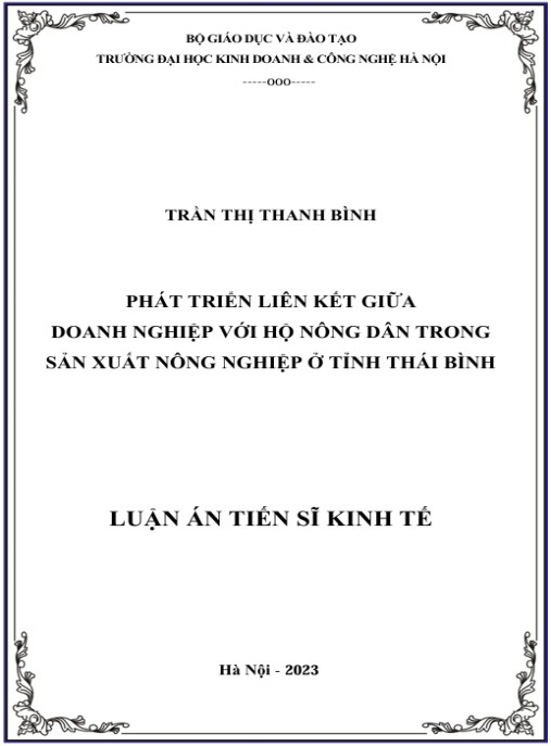 Luận án Phát triển liên kết giữa doanh nghiệp với hộ nông dân trong sản xuất nông nghiệp ở tỉnh Thái Bình