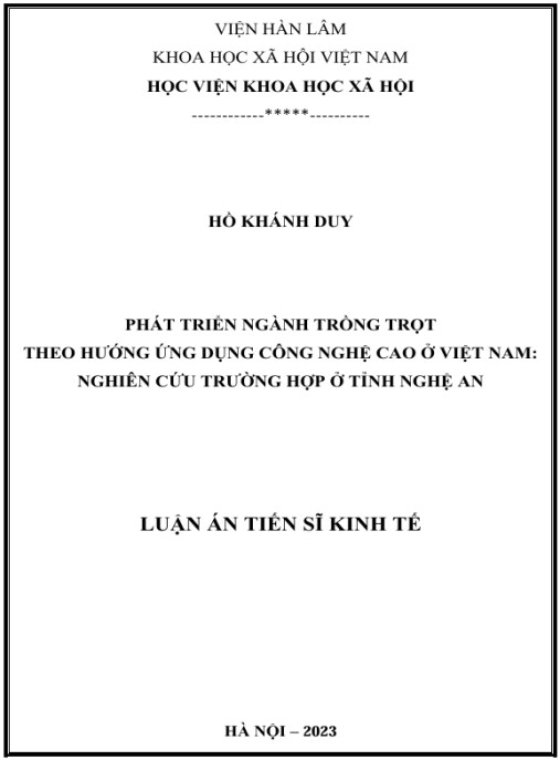 Luận án Phát triển ngành trồng trọt theo hướng ứng dụng công nghệ cao ở Việt Nam: Nghiên cứu trường hợp ở tỉnh Nghệ An