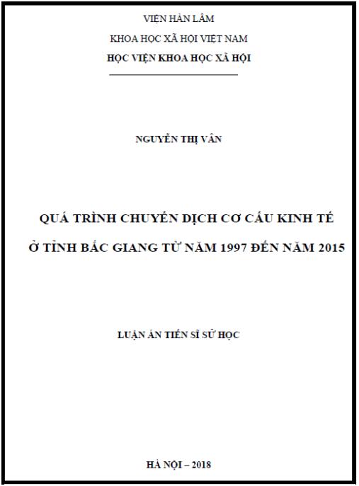 Luận án Quá trình chuyển dịch CCKT ở tỉnh Bắc Giang từ năm 1997 đến năm 2015