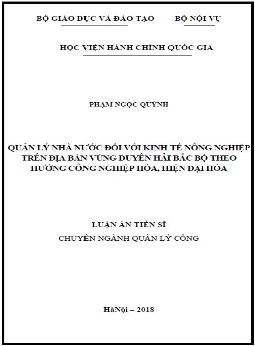 Luận án Quản lý Nhà nước đối với kinh tế nông nghiệp trên địa bàn vùng Duyên Hải Bắc Bộ theo hướng công nghiệp hóa, hiện đại hóa.