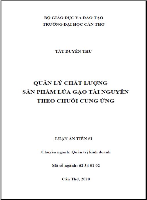 Luận án Quản lý chất lượng sản phẩm lúa gạo Tài Nguyên theo chuỗi cung ứng.