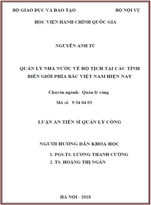 Luận án Quản lý nhà nước về hộ tịch tại các tỉnh biên giới phía Bắc Việt Nam hiện nay.