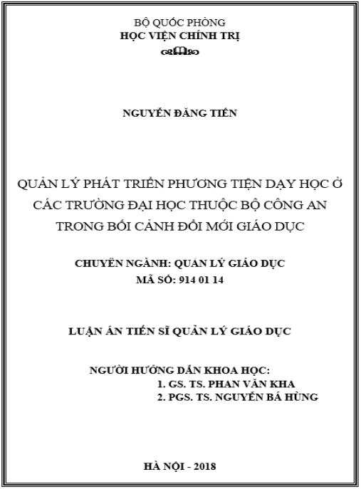 Luận án Quản lý phát triển phương tiện dạy học ở các trường đại học thuộc Bộ Công an trong bối cảnh đổi mới giáo dục