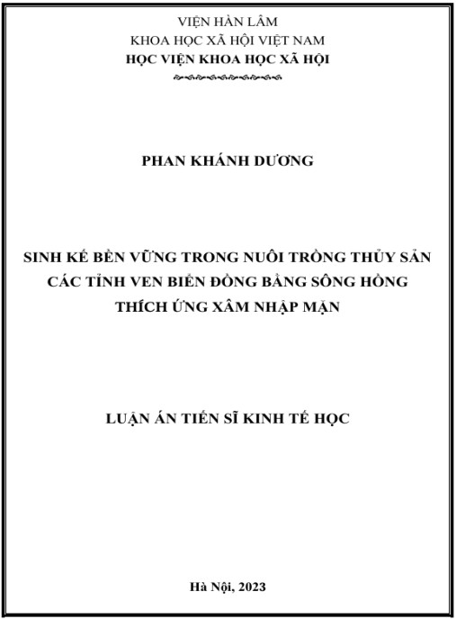 Luận án Sinh kế bền vững trong nuôi trồng thủy sản các tỉnh ven biển Đồng bằng sông Hồng thích ứng xâm nhập mặn