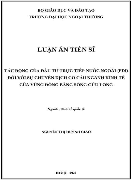 Luận án Tác động của đầu tư trực tiếp nước ngoài (FDI) đối với sự chuyển dịch cơ cấu ngành kinh tế của vùng Đồng bằng sông Cửu Long