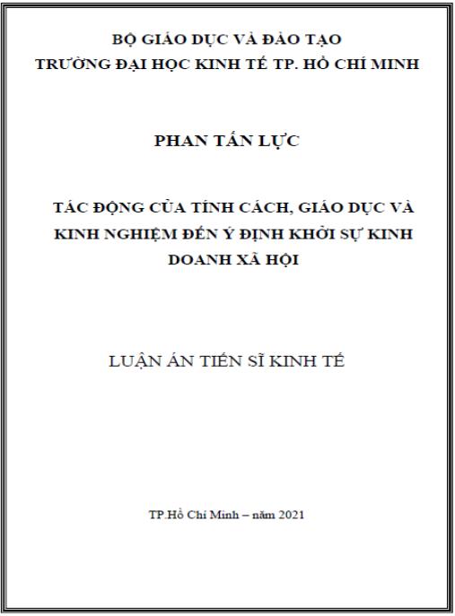 Luận án Tác động của tính cách, giáo dục và kinh nghiệm đến ý định khởi sự kinh doanh xã hội.