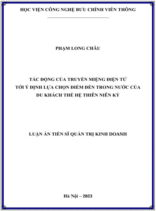 Luận án Tác động của truyền miệng điện tử tới ý định lựa chọn điểm đến trong nước của du khách thế hệ thiên niên kỷ