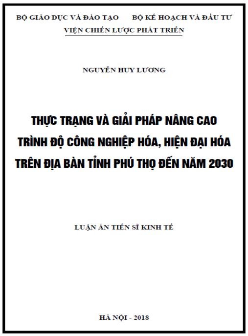 Luận án Thực trạng và giải pháp nâng cao trình độ công nghiệp hóa, hiện đại hóa trên địa bàn tỉnh Phú Thọ đến năm 2030