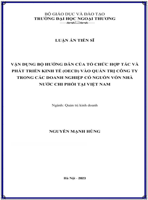 Luận án Vận dụng Bộ Hướng dẫn của Tổ chức hợp tác và phát triển kinh tế (OECD) vào quản trị công ty trong các doanh nghiệp có nguồn vốn nhà nước chi phối tại Việt Nam