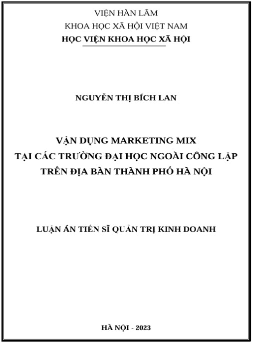 Luận án Vận dụng marketing mix tại các trường đại học ngoài công lập trên địa bàn thành phố Hà Nội