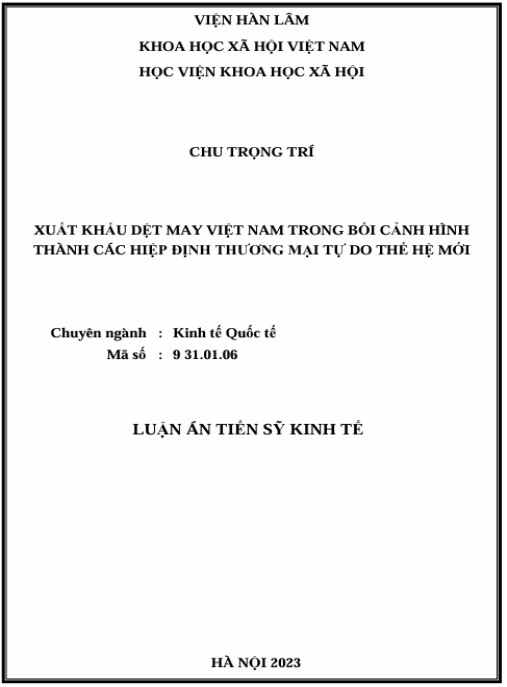 Luận án Xuất khẩu dệt may Việt Nam trong bối cảnh hình thành các hiệp định thương mại tự do thế hệ mới
