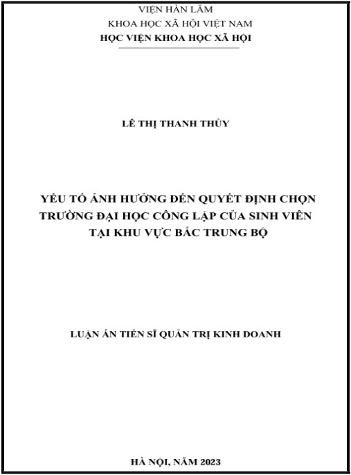Luận án Yếu tố ảnh hưởng đến quyết định chọn trường đại học công lập của sinh viên tại khu vực Bắc Trung Bộ
