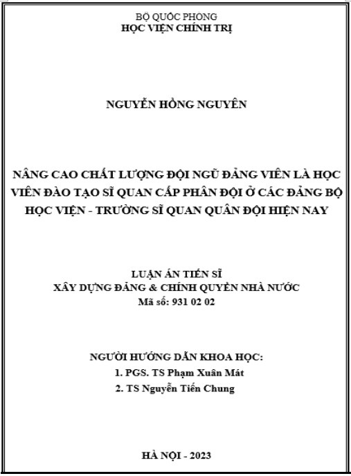 Luận án Nâng cao chất lượng đội ngũ đảng viên là học viên đào tạo sĩ quan cấp phân đội ở các đảng bộ học viện – trường sĩ quan quân đội hiện nay