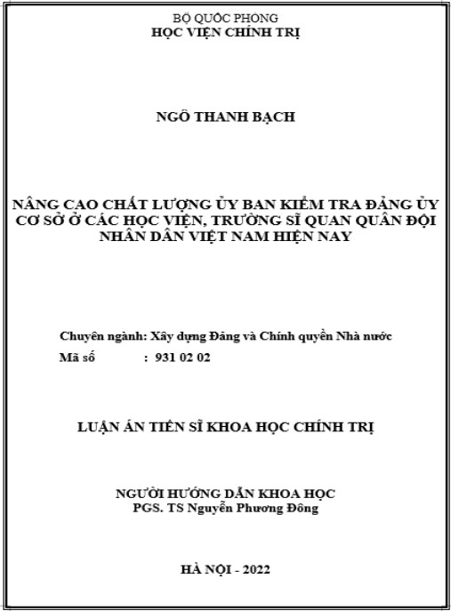 Luận án Nâng cao chất lượng ủy ban kiểm tra đảng ủy cơ sở ở các học viện – trường sĩ quan Quân đội nhân dân Việt Nam hiện nay