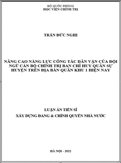 Luận án Nâng cao năng lực công tác dân vận của đội ngũ cán bộ chính trị ban chỉ huy quân sự huyện trên địa bàn Quân khu 1 hiện nay