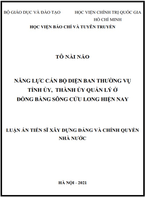 Luận án Năng lực cán bộ diện Ban thường vụ tỉnh ủy – thành ủy quản lý ở Đồng bằng sông Cửu Long hiện nay
