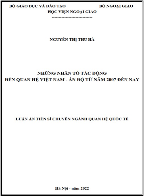 Luận án Những nhân tố tác động đến quan hệ Việt Nam – Ấn Độ từ năm 2007 đến nay