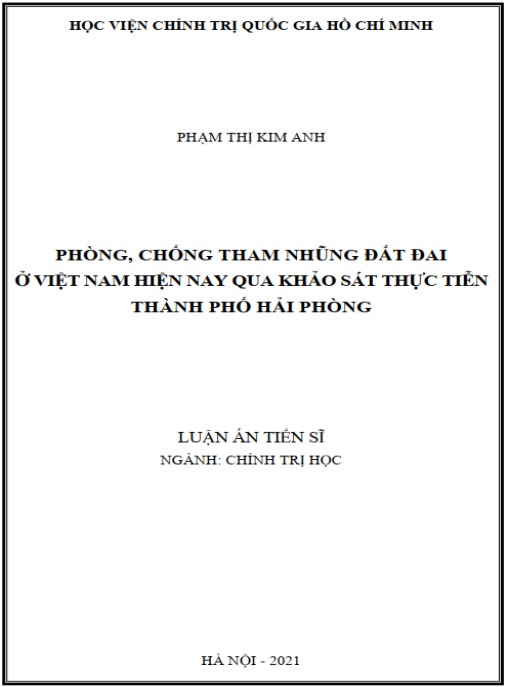 Luận án Phòng – chống tham nhũng đất đai ở việt nam hiện nay qua khảo sát thực tiễn thành phố Hải Phòng