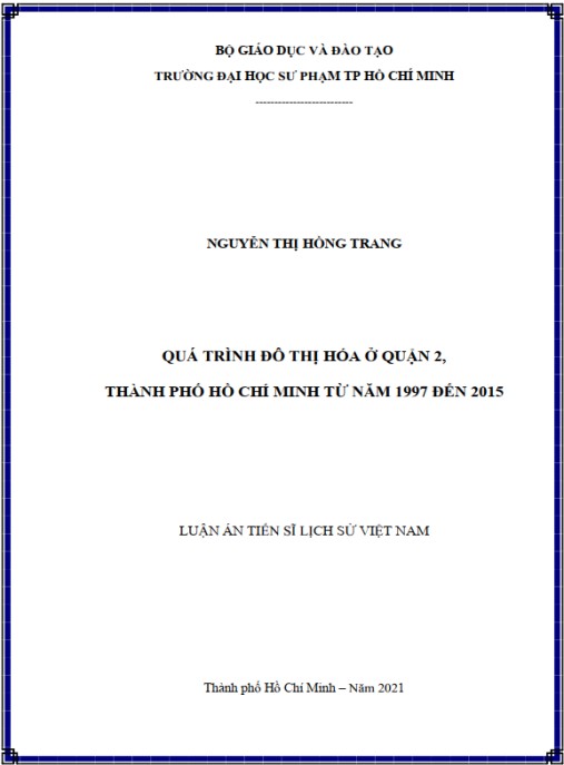 Luận án Quá trình đô thị hóa ở Quận 2 – thành phố Hồ Chí Minh từ năm 1997 đến 2015