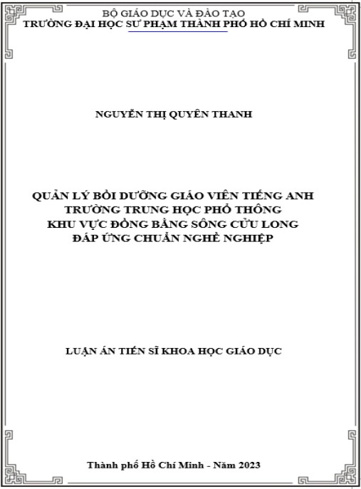 Luận án Quản lý bồi dưỡng giáo viên tiếng Anh trường trung học phổ thông khu vực Đồng bằng sông Cửu Long đáp ứng Chuẩn nghề nghiệp