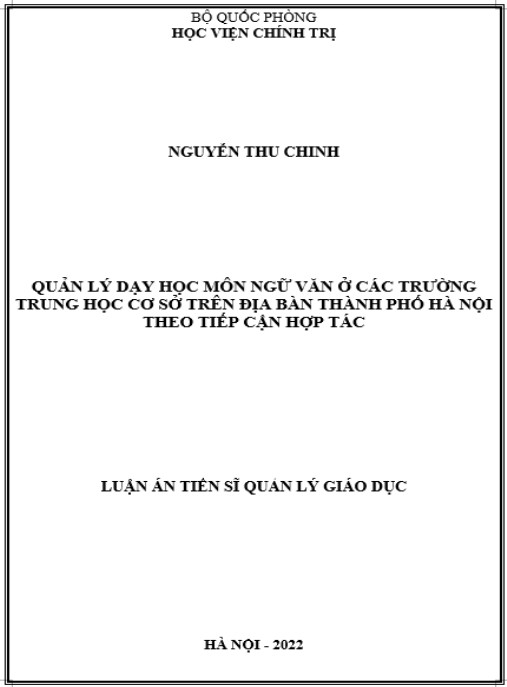 Luận án Quản lý dạy học môn Ngữ văn ở các trường Trung học cơ sở trên địa bàn thành phố Hà Nội theo tiếp cận hợp tác