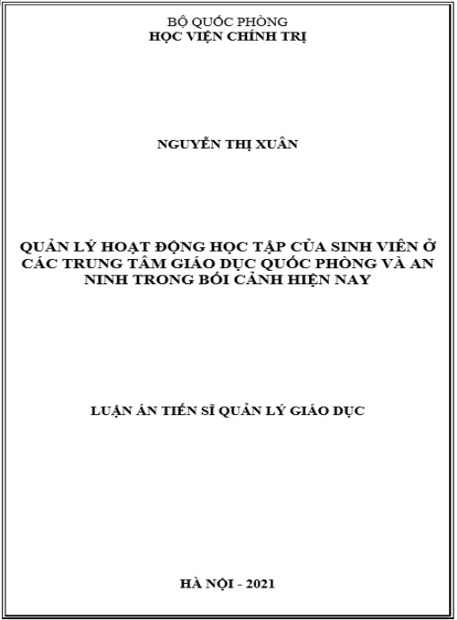 Luận án Quản lý hoạt động học tập của sinh viên ở các trung tâm giáo dục quốc phòng và an ninh trong bối cảnh hiện nay