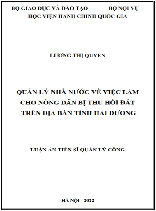 Luận án Quản lý nhà nước về việc làm cho nông dân bị thu hồi đất trên địa bàn tỉnh Hải Dương