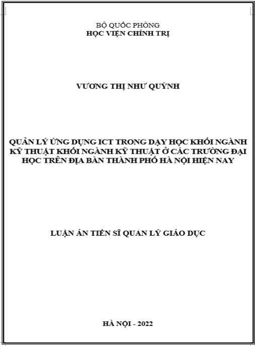 Luận án Quản lý ứng dụng ICT trong dạy học khối ngành kỹ thuật khối ngành kỹ thuật ở các trường đại học trên địa bàn thành phố Hà Nội hiện nay
