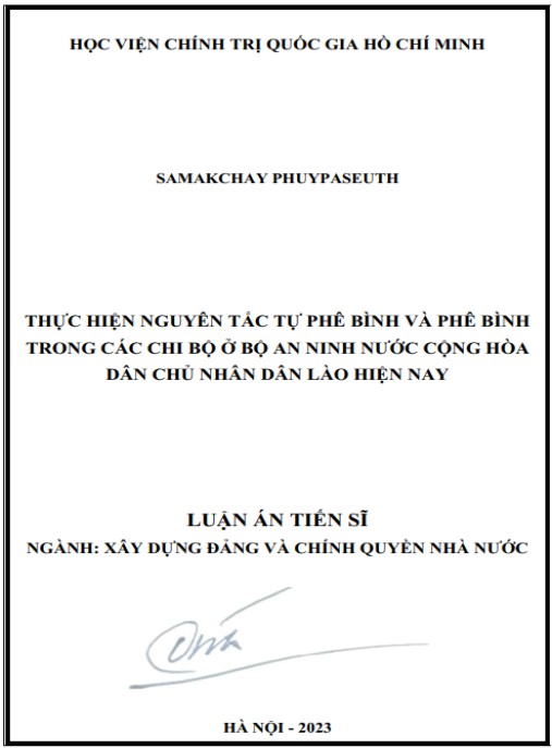 Luận án Thực hiện nguyên tắc tự phê bình và phê bình trong các chi bộ ở Bộ An ninh nước Cộng hòa dân chủ nhân dân Lào hiện nay