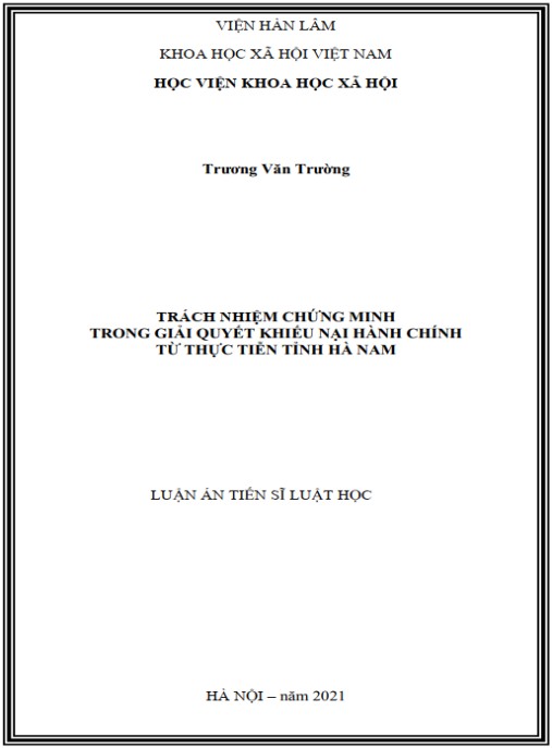 Luận án Trách nhiệm chứng minh trong giải quyết khiếu nại hành chính từ thực tiễn tỉnh Hà Nam