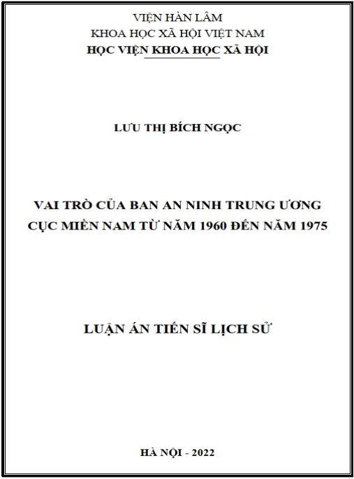 Luận án Vai trò của Ban An ninh Trung ương Cục miền Nam từ năm 1960 đến năm 1975