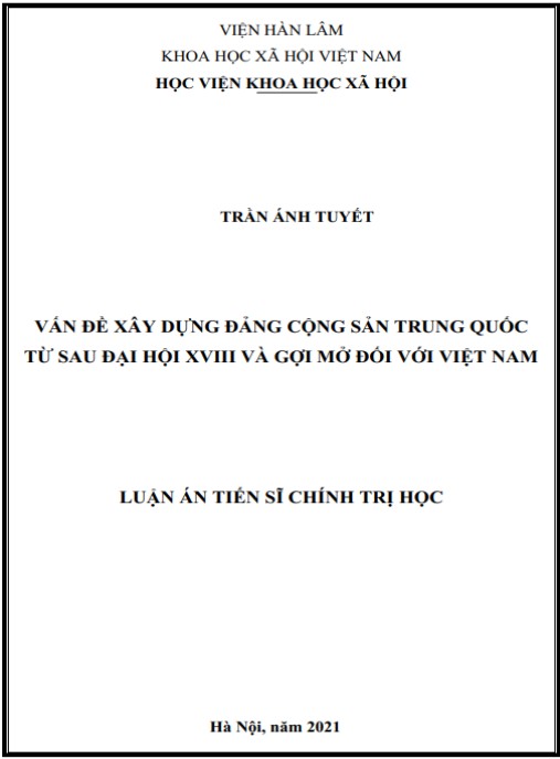 Luận án Vấn đề xây dựng Đảng Cộng sản Trung Quốc từ sau Đại hội XVIII và gợi mở đối với Việt Nam