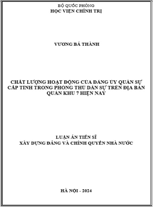 Luận án Chất lượng hoạt động của đảng ủy quân sự cấp tỉnh trong phòng thủ dân sự trên địa bàn Quân khu 7 hiện nay