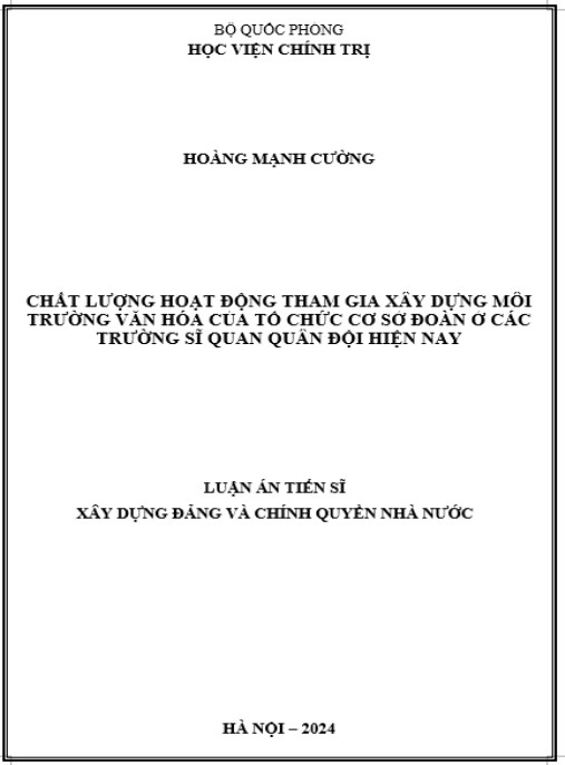 Luận án Chất lượng hoạt động tham gia xây dựng môi trường văn hóa của tổ chức cơ sở đoàn ở các trường sĩ quan quân đội hiện nay