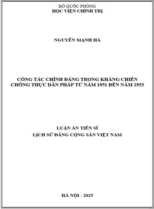 Luận án Công tác chỉnh Đảng trong kháng chiến chống thực dân Pháp từ năm 1951 đến năm 1953
