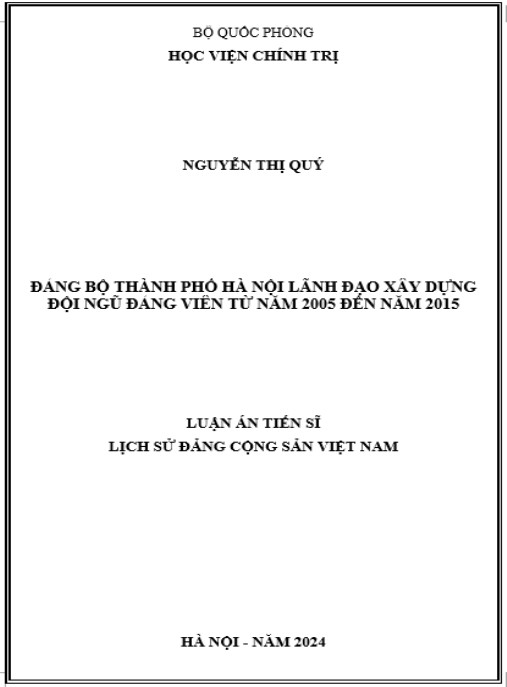 Luận án Đảng bộ thành phố Hà Nội lãnh đạo xây dựng đội ngũ đảng viên từ năm 2005 đến năm 2015