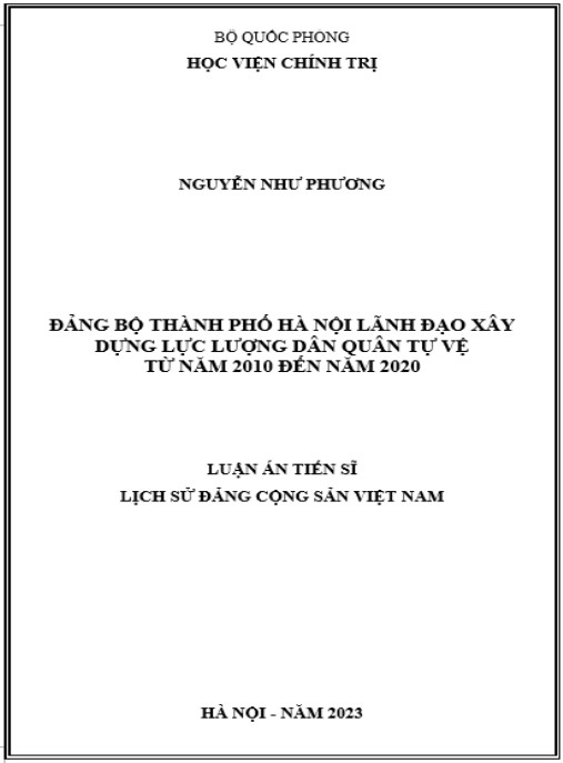 Luận án Đảng bộ thành phố Hà Nội lãnh đạo xây dựng lực lượng dân quân tự vệ từ năm 2010 đến năm 2020