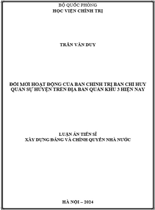 Luận án Đổi mới hoạt động của ban chính trị ban chỉ huy quân sự huyện trên địa bàn Quân khu 3 hiện nay