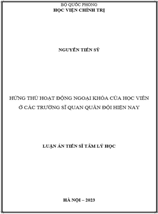 Luận án Hứng thú hoạt động ngoại khóa của học viên ở các trường sĩ quan quân đội hiện nay
