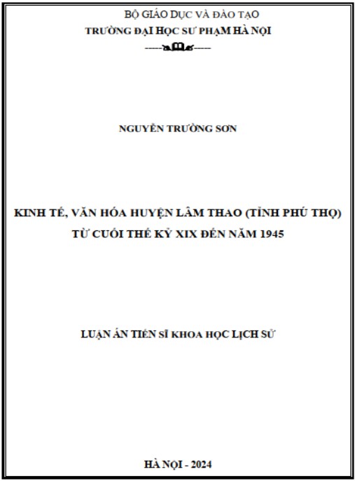 Luận án Kinh tế, văn hóa huyện Lâm Thao (tỉnh Phú Thọ) từ cuối thế kỷ XIX đến năm 1945