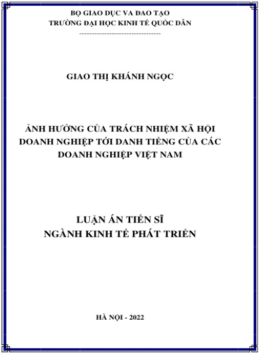 Luận án Ảnh Hưởng Của Trách Nhiệm Xã Hội Doanh Nghiệp Tới Danh Tiếng Của Các Doanh Nghiệp Việt Nam