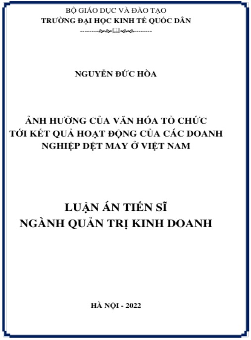 Luận án Ảnh hưởng của văn hóa tổ chức tới kết quả hoạt động của doanh nghiệp ngành dệt may ở Việt Nam