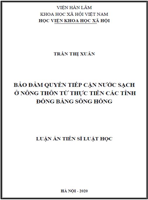 Luận án Bảo đảm quyền tiếp cận nước sạch ở nông thôn từ thực tiễn các tỉnh đồng bằng Sông Hồng