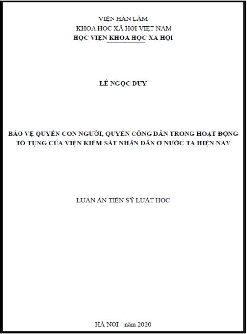 Luận án Bảo vệ quyền con người, quyền công dân trong hoạt động tố tụng của Viện kiểm sát nhân dân ở nước ta hiện nay.