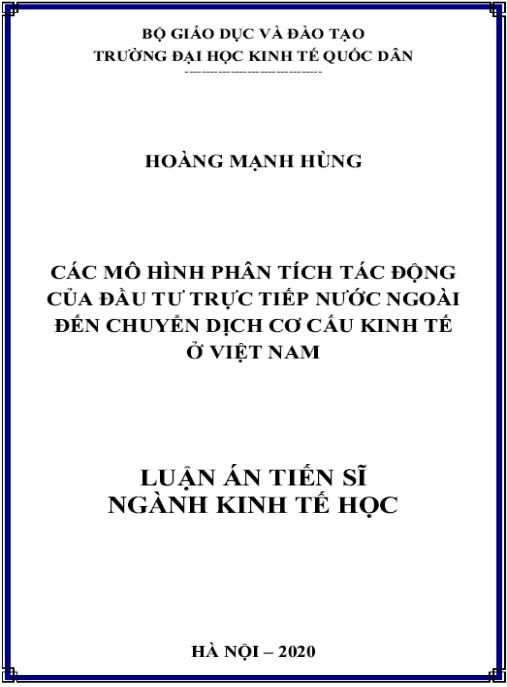 Luận án Các mô hình phân tích tác động của đầu tư trực tiếp nước ngoài đến chuyển dịch cơ cấu kinh tế ở Việt Nam
