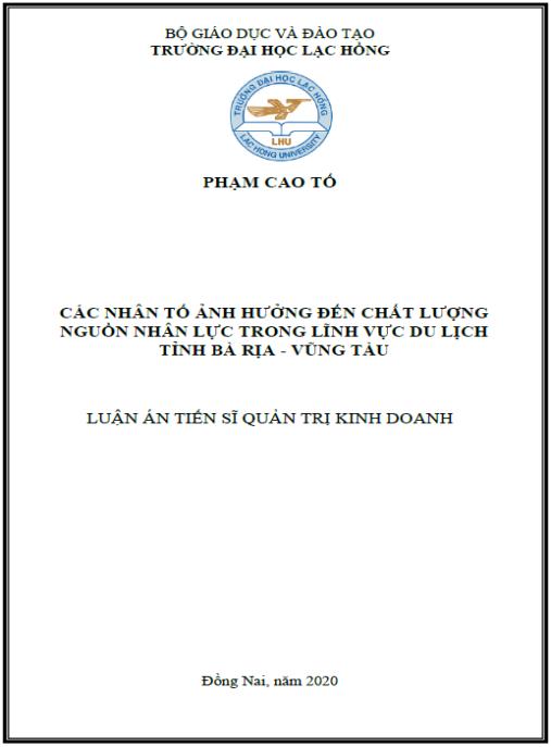 Luận án Các nhân tố ảnh hưởng đến chất lượng nguồn nhân lực trong lĩnh vực du lịch tỉnh Bà Rịa – Vũng Tàu.