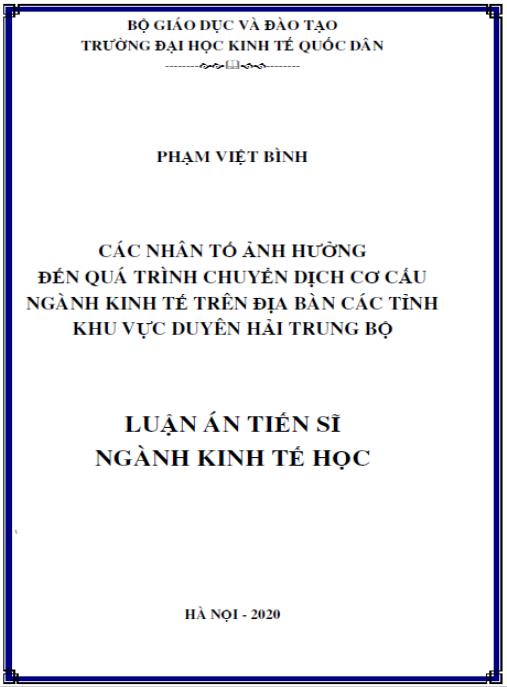 Luận án Các nhân tố ảnh hưởng đến quá trình chuyển dịch cơ cấu ngành kinh tế trên địa bàn các tỉnh khu vực duyên hải Trung Bộ
