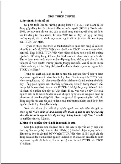 Luận án Các nhân tố ảnh hưởng đến thiên vị đầu tư cục bộ của các nhà đầu tư nước ngoài trên thị trường chứng khoán Việt Nam.