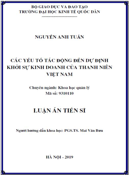 Luận án Các yếu tố tác động đến dự định khởi sự kinh doanh của thanh niên Việt Nam