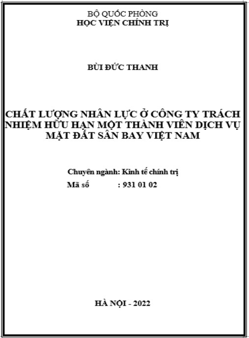 Luận án Chất lượng nhân lực ở Công ty trách nhiệm hữu hạn một thành viên dịch vụ mặt đất sân bay Việt Nam